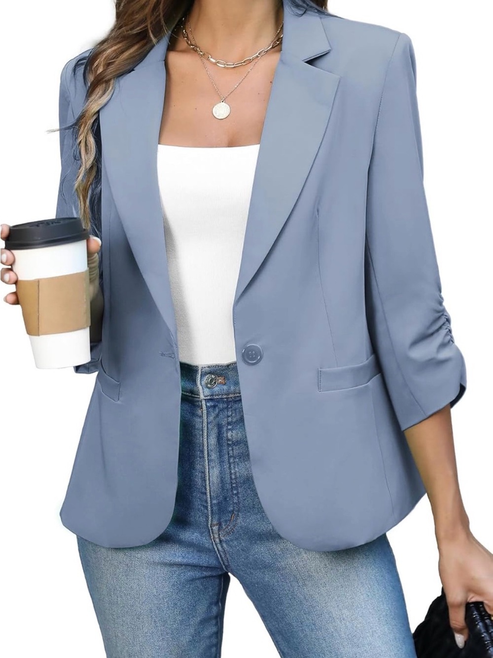 Women’s ruched 3/4 sleeve single button blazer Size M (6-8)